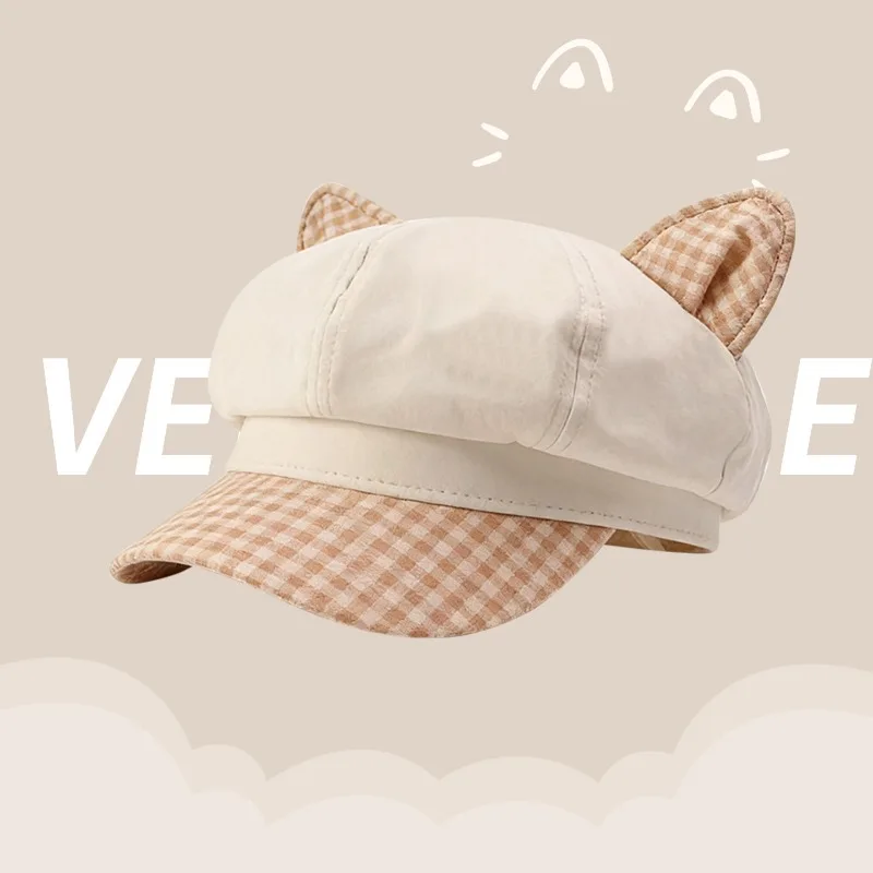 

Japanese Cute Plaid Splicing Cat Ear Octagonal Newsboy Caps Spring and Summer Literary Fashion Sunshade Painter Hat for Women