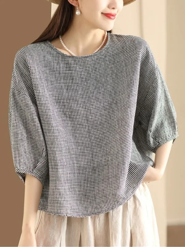 Artistic Style Women's Loose Fit Slimming Cotton Linen Shirt Summer 2026 round Neck Short Sleeve Heavy Weave  Color