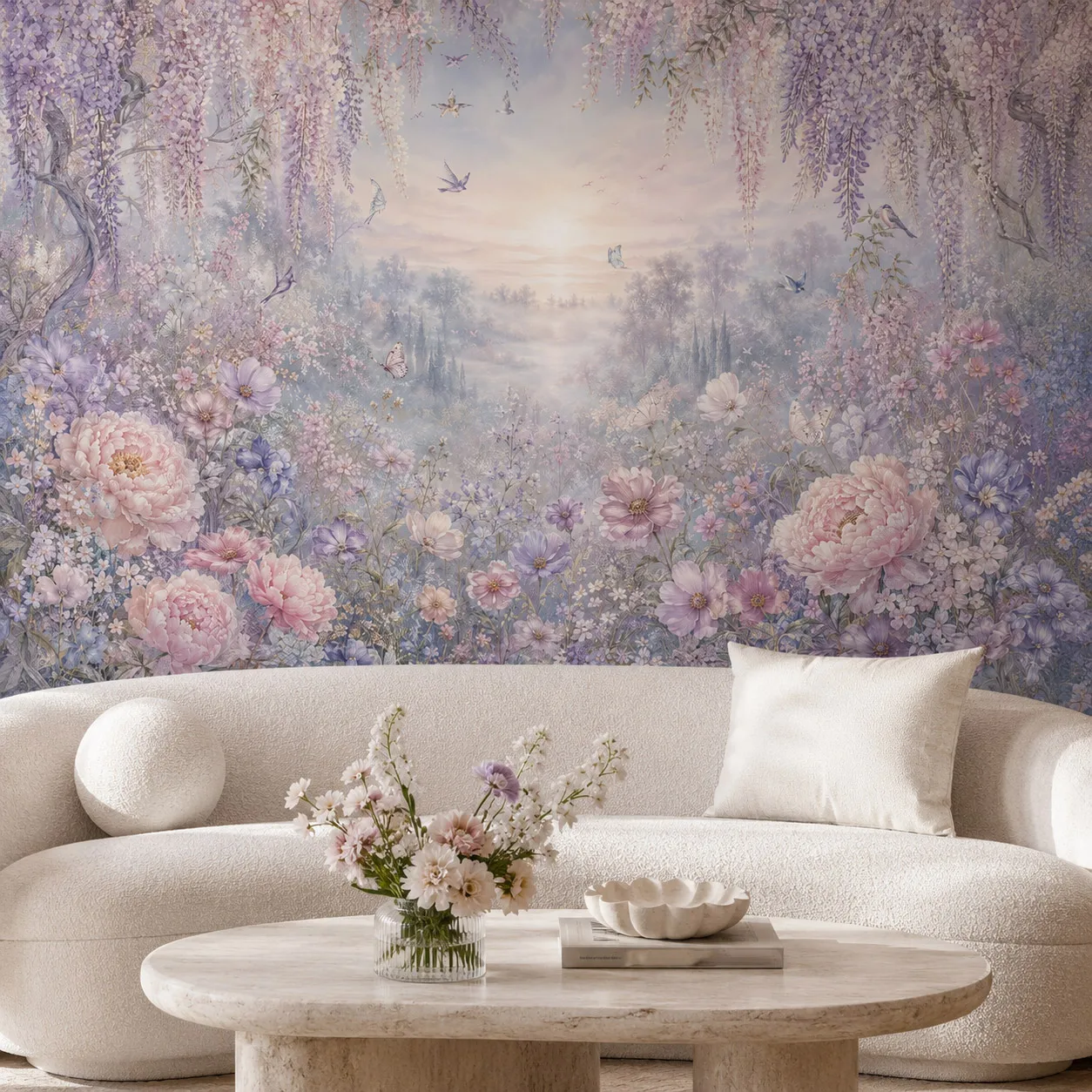 Romantic Wisteria Peony Floral Wall Mural Wallpaper Pastel Butterfly Garden Bedroom Living Room Non Self Adhesive Paste Required
