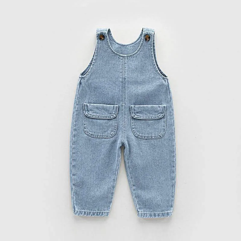 New Baby Children Overalls 1-5Y Solid Color Denim Jumpsuit for Girls Casual Dungarees Trousers Toddler Boy Rompers Jumper