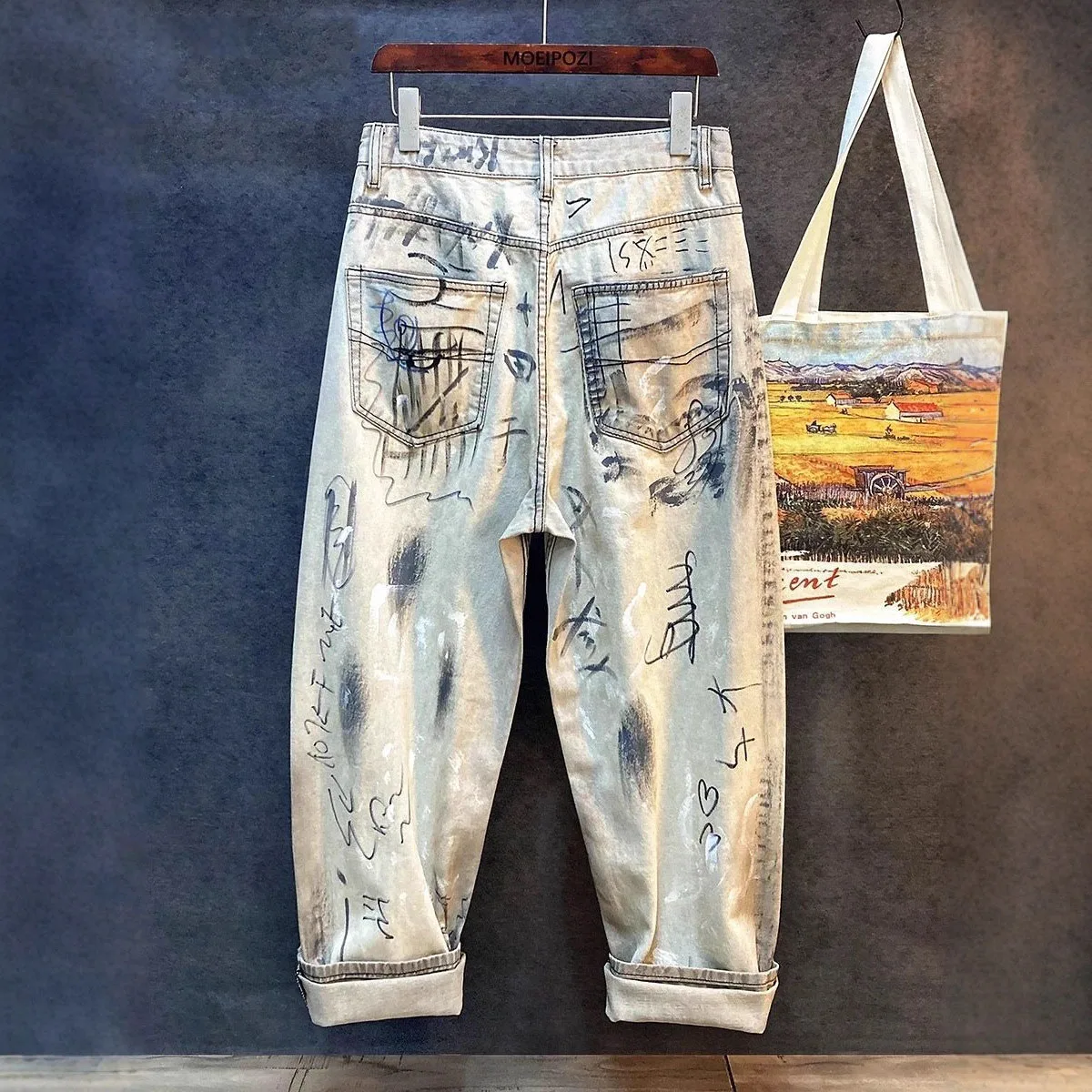 Street Style Splashed Ink Jeans For Men High Street Printed Straight Leg Denim Pants Spring Autumn Casual Fashion Loose Trousers