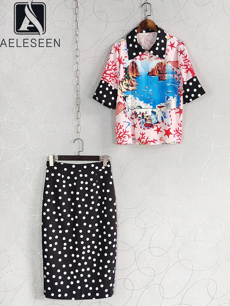 AELESEEN Sicily Summer 2 Pieces Set Women Short Sleeve Chell Couch Print Shirt + Slim Mini Dots Skirt Party Vacation Set