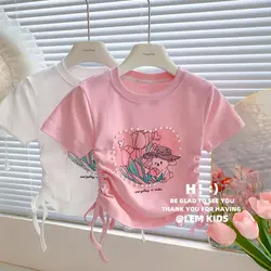 T Shirt for Girls Baby Girl Drawstring Half-sleeved Ice Silk Top Summer Pearl Love Sweet Cartoon Short-sleeved T-shirt