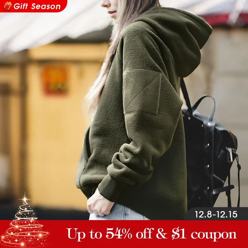 Maden Autumn and Winter Thickened Polar Fleece Hooded Sweatshirt for Women Dark Green Oversized Sweater Warm Streetwear Hoodies