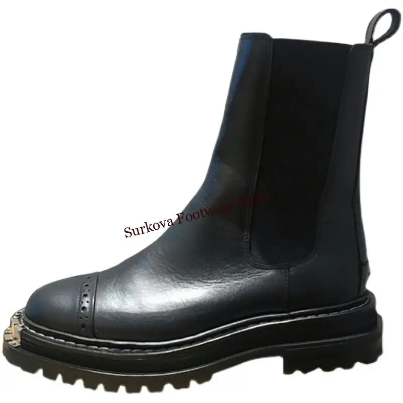 Surkova Golden Steel Toe botki damskie złote zęby metalowa dekoracja buty motocyklowe botki outdoorowe czarne matowe