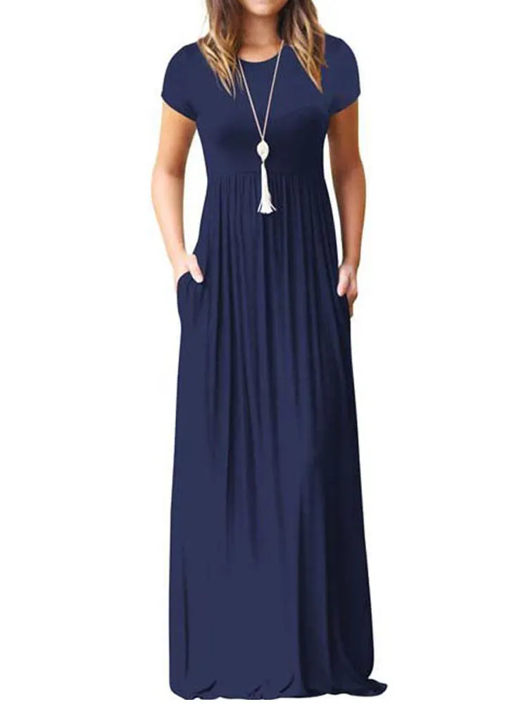 

2022 Elegant Long Summer Dress Women Short Sleeve Maxi Dress Ladies Party Casual Dresses Female Robe Femme dark blue