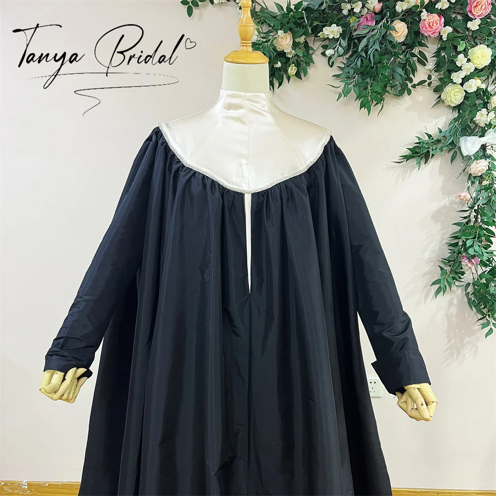 Black Taffeta Evening Cape With Skin Color High Collar Handmade Beads Full Sleeves Floor Length Women Fashion Coat Jacket DJ319