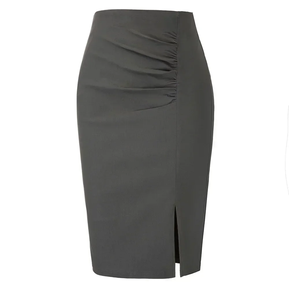 

GK Women Ruched Front Pencil Skirt Office Lady High Waist Hips-Wrapped Midi Pencil Skirt Elastic Knee Length Bodycon Skirts