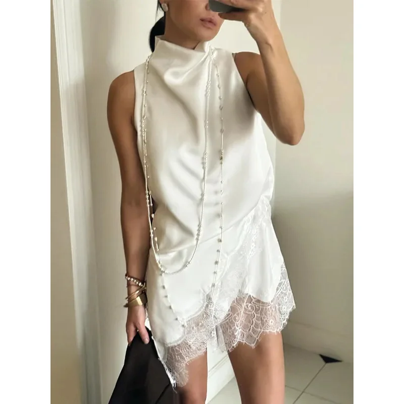 BKQU Lace Trim Satin Tank Tops Women Irregular Split Sleeveless High Neck Zip Elegant Vest 2026 Summer Party Club Female Tops