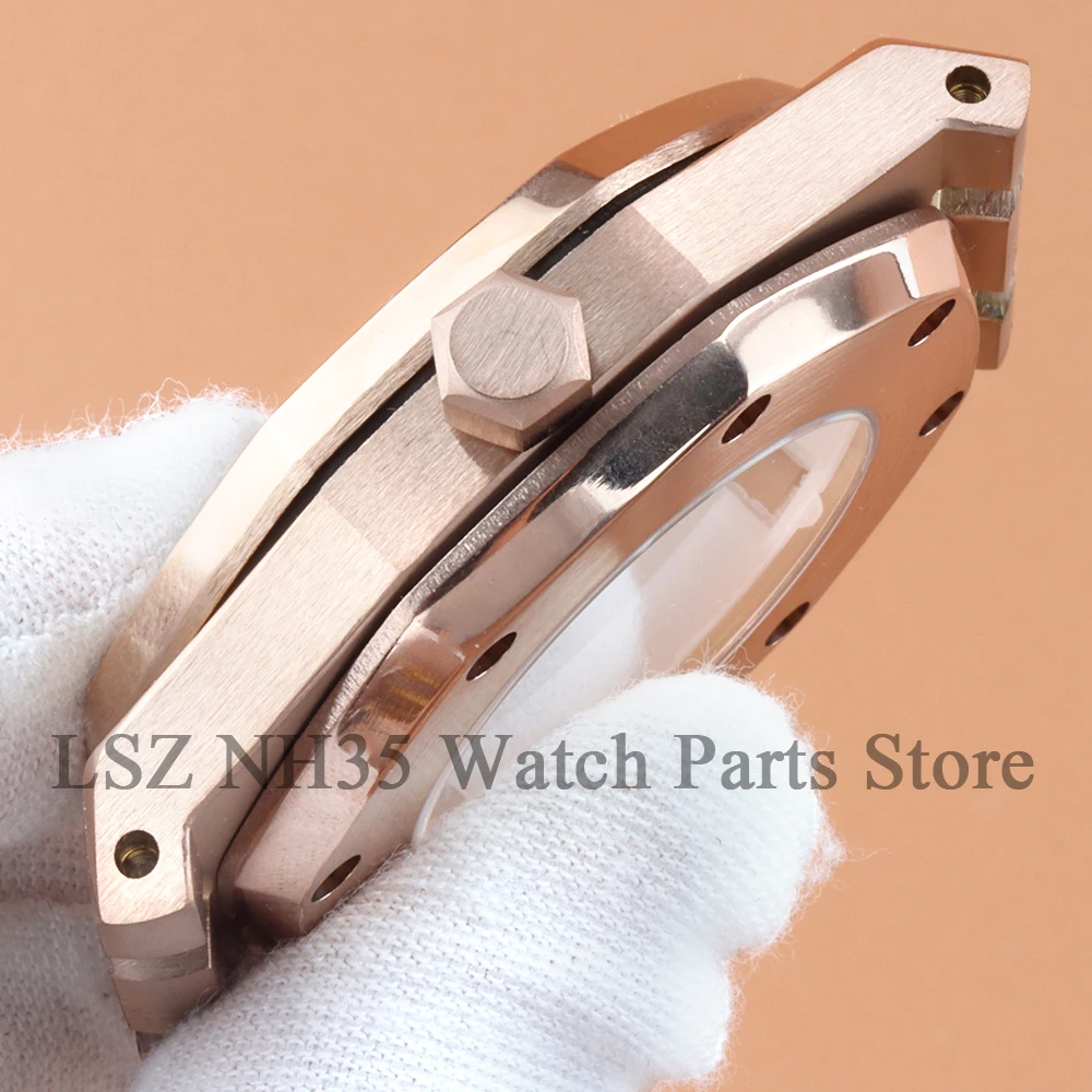 Cassa per orologio stile stella sabbia da 41 mm con bracciale solido Parti di orologi in oro rosa adatte al movimento Royal Oak NH35 NH36 Vetro zaffiro