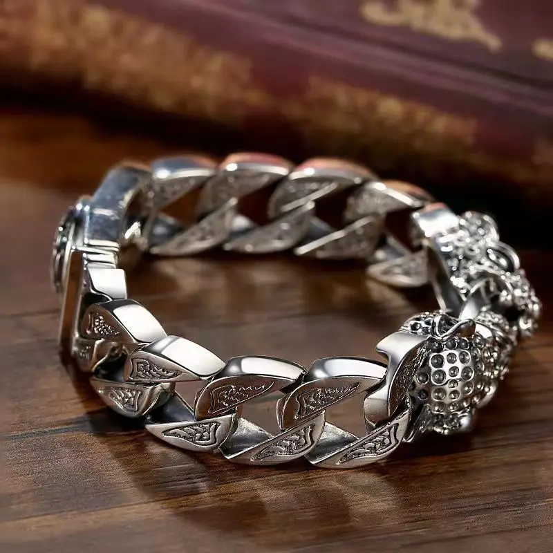 

Great Sale S925Sterling silver leopard print ponytail braided double leopard print headbracelet Motorcycle Cool buckle wristband