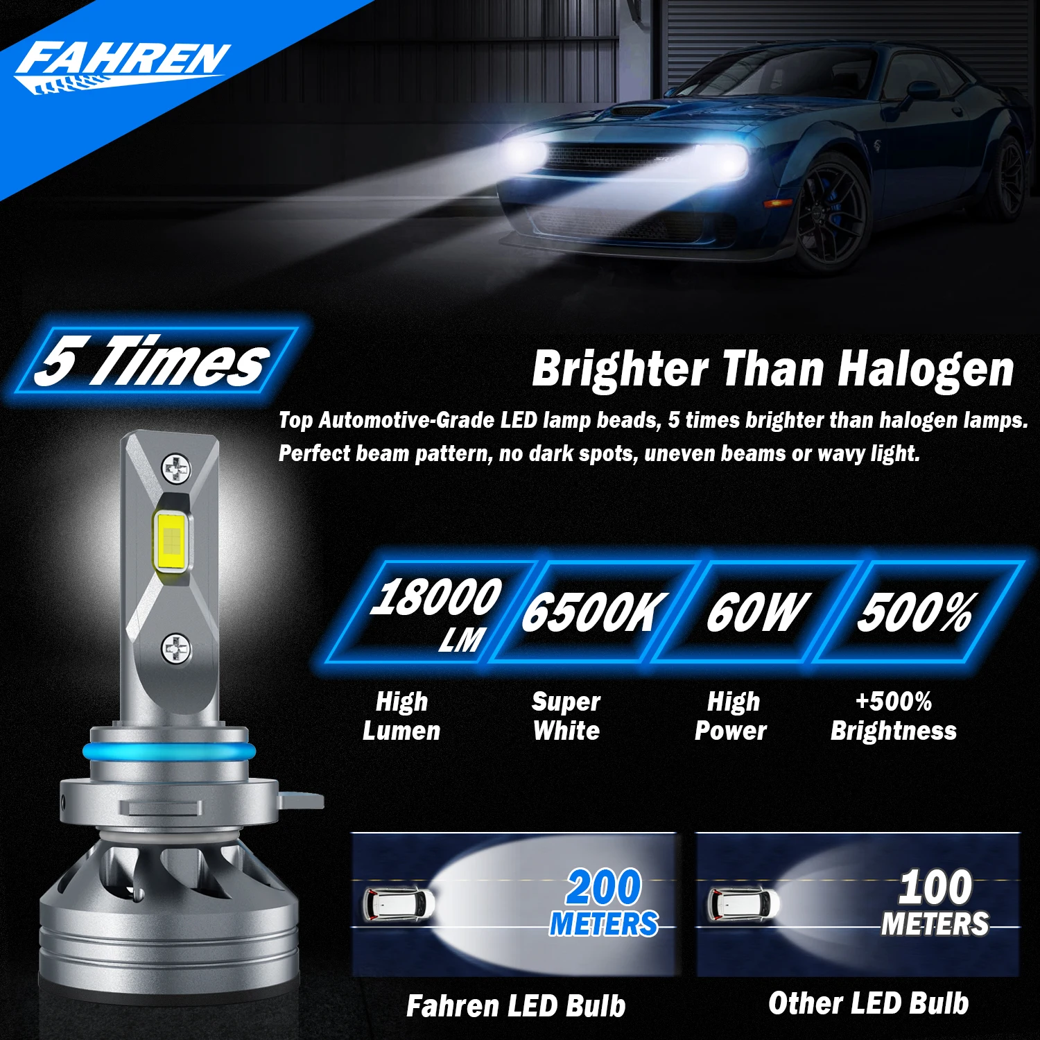 FAHREN 9005/HB3 LED Headlight Bulbs, 18000LM 600% Bright LED Headlight Conversion Kit 6500K Cool White IP68 Waterproof Pack of 2