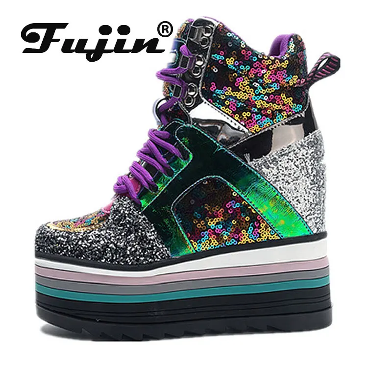 Fujin 13cm Synthetic Women High Brand Designer Shoes Lady Vulcanize Autumn Spring Mixed Color Bling Luxury Ankle Boots Sneakers