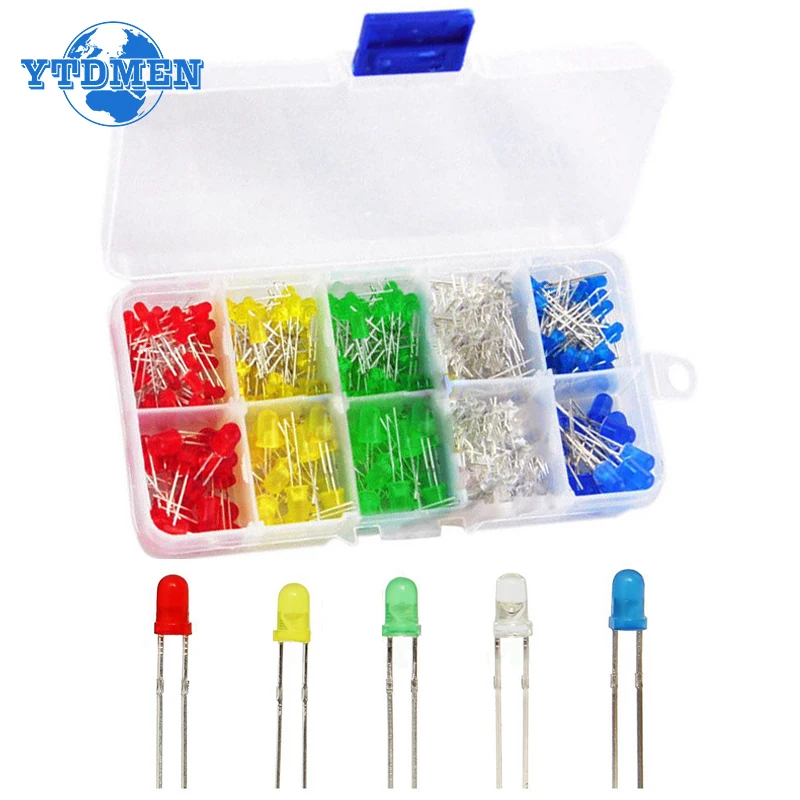 200pcs/box 3mm LED Diode Light Assorted Kit F3 DIY Diode Set 3mm Red Green Blue Yellow White LEDs for Arduino