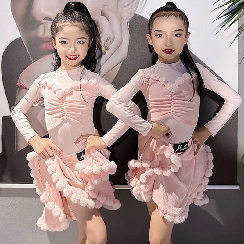 

New Girls Pink Latin Dance Costume Long Sleeves Practice Clothing Cha Cha Dance Performance Dress Kids Latin Split Suit DNV25494
