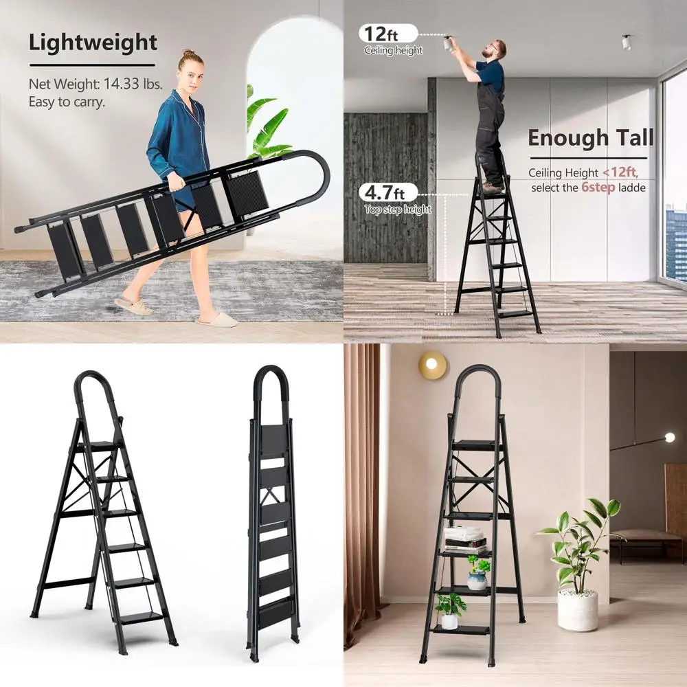 

Folding 6-Step Aluminum Ladder with Anti-Slip Treads for Home and Kitchen, Space-Saving Design (Black)