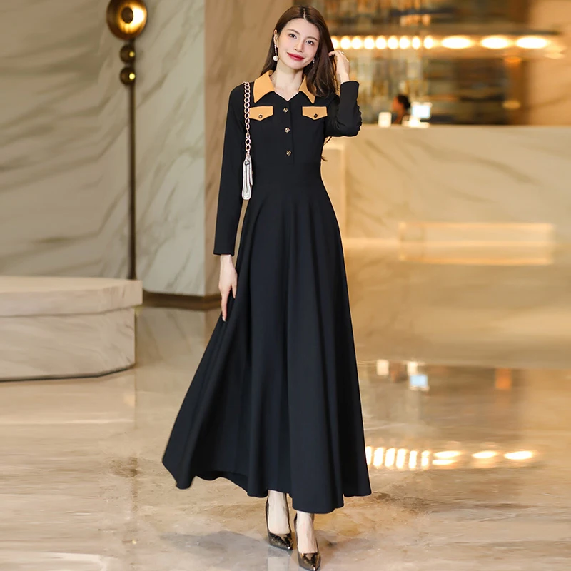 

New Women Spring Autumn Long Dress Fashion Contrast Color Turn-down Collar Slim Black Dress Elegant Exquisite Patchwork Dress