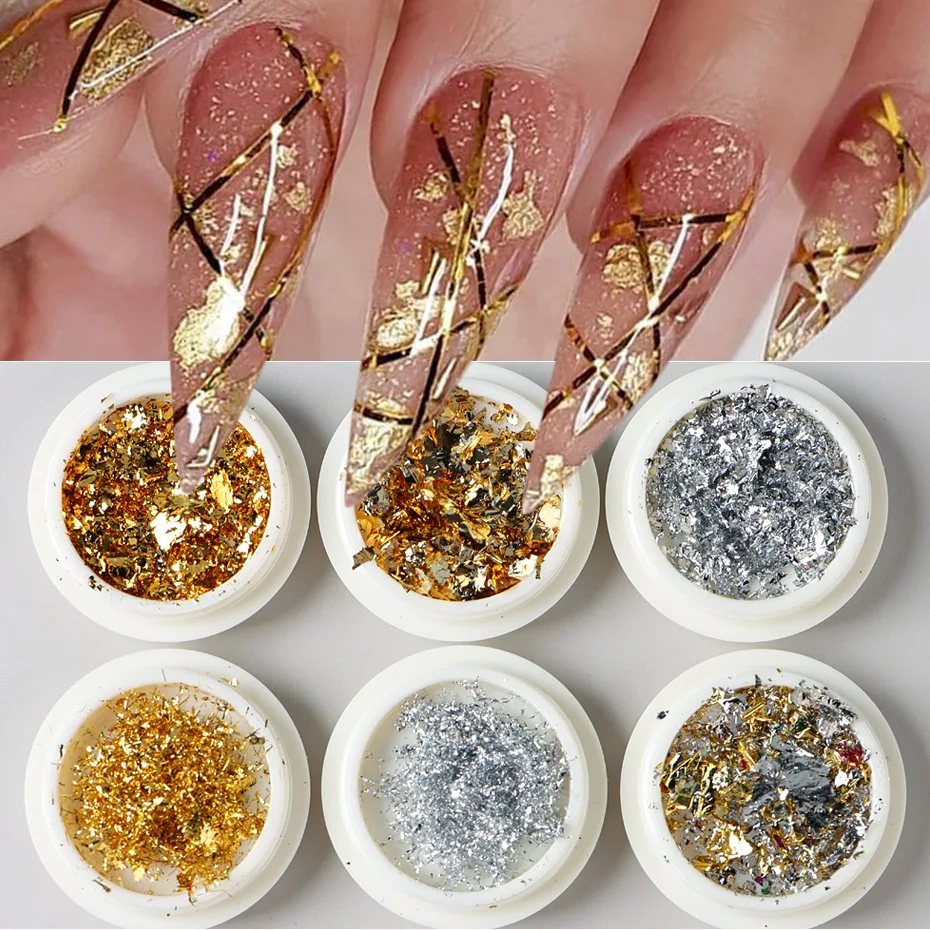 6 Box Gold Silber Folien Nagel flocken Pailletten glänzende Paille tte Pigment Staub pulver unregelmäßige Aluminium Paille tte Nail Art Dekor