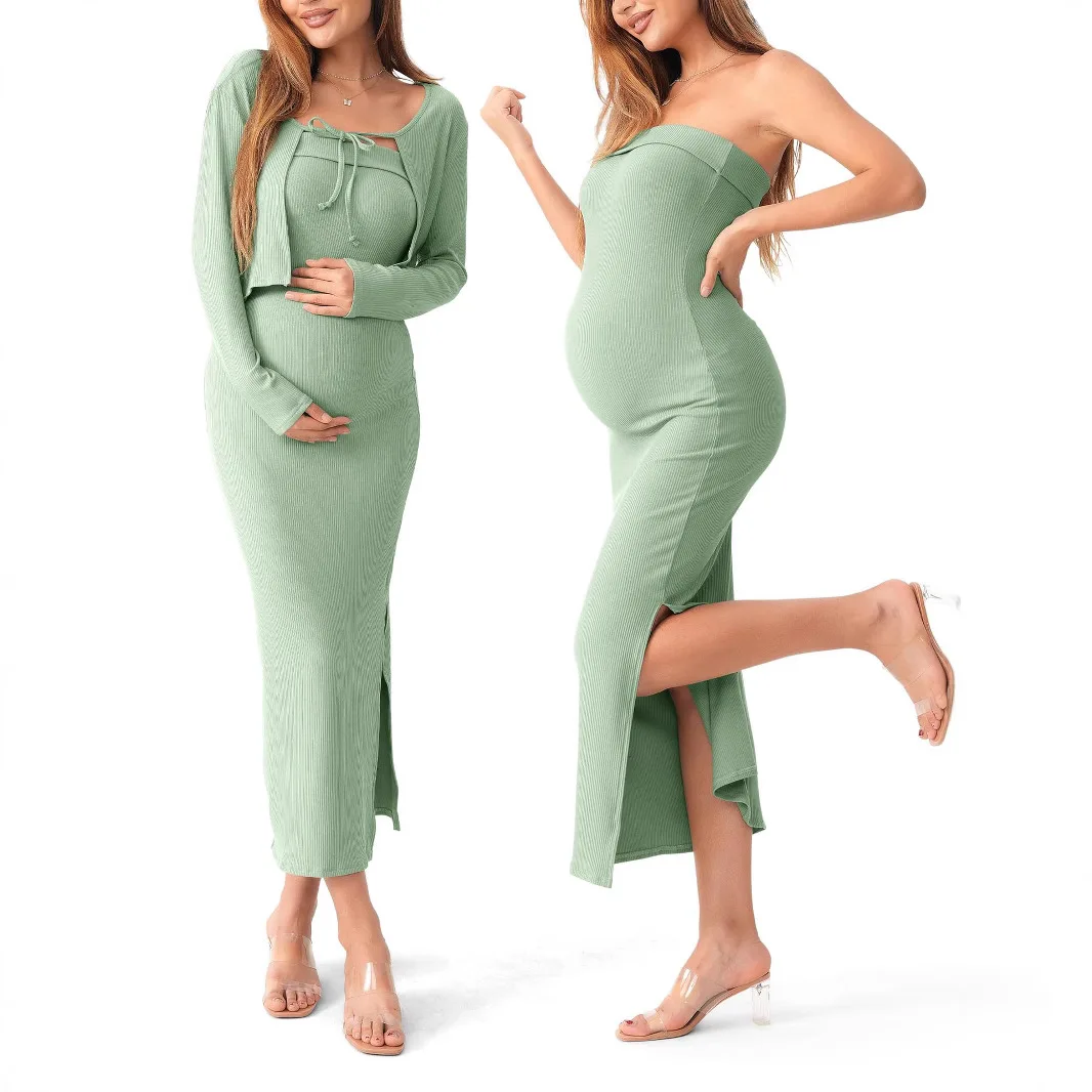 

Pregnancy Dress Maternity Suit Two-piece Set 2025 Long-sleeved Cardigan Top Knitted Chest-wrapped Slim-fitting Dresses