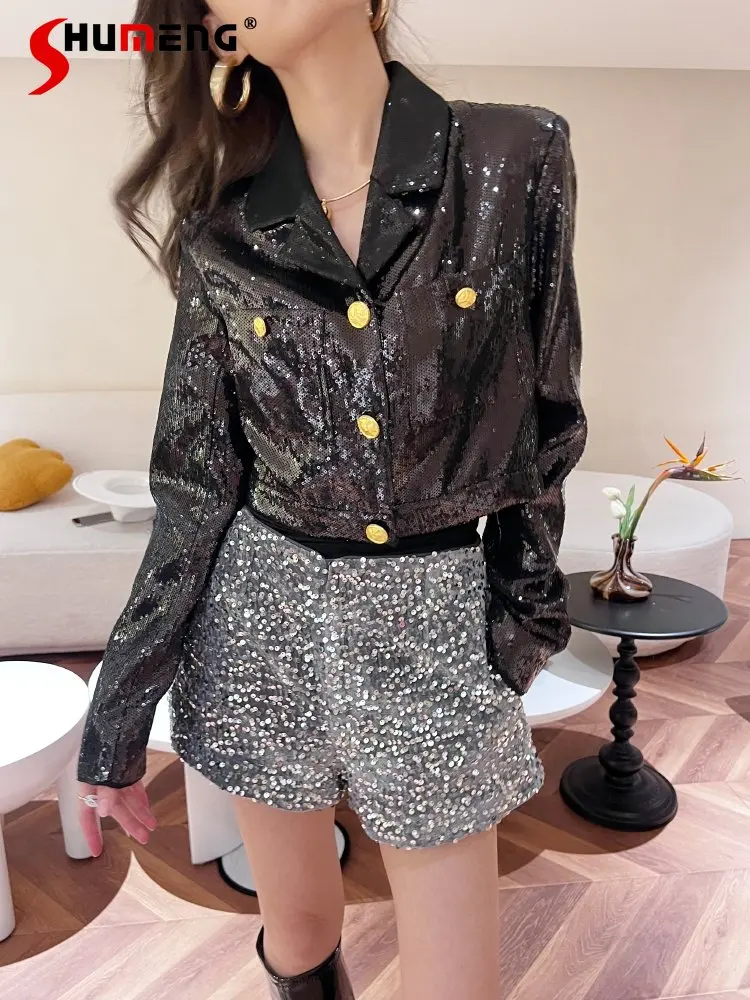 Black Glitter Women's Party Loose Bling Short Suit Jacket New Ladies 2023 Spring Trend Elegant High Street Annual Meeting Coat