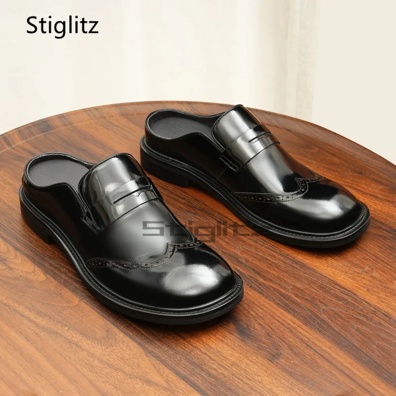Brogue koeienhuid halve slippers voor heren Britse stijl zakelijk casual stijlvolle slip op ronde neus zomer lederen muilezels schoenen
