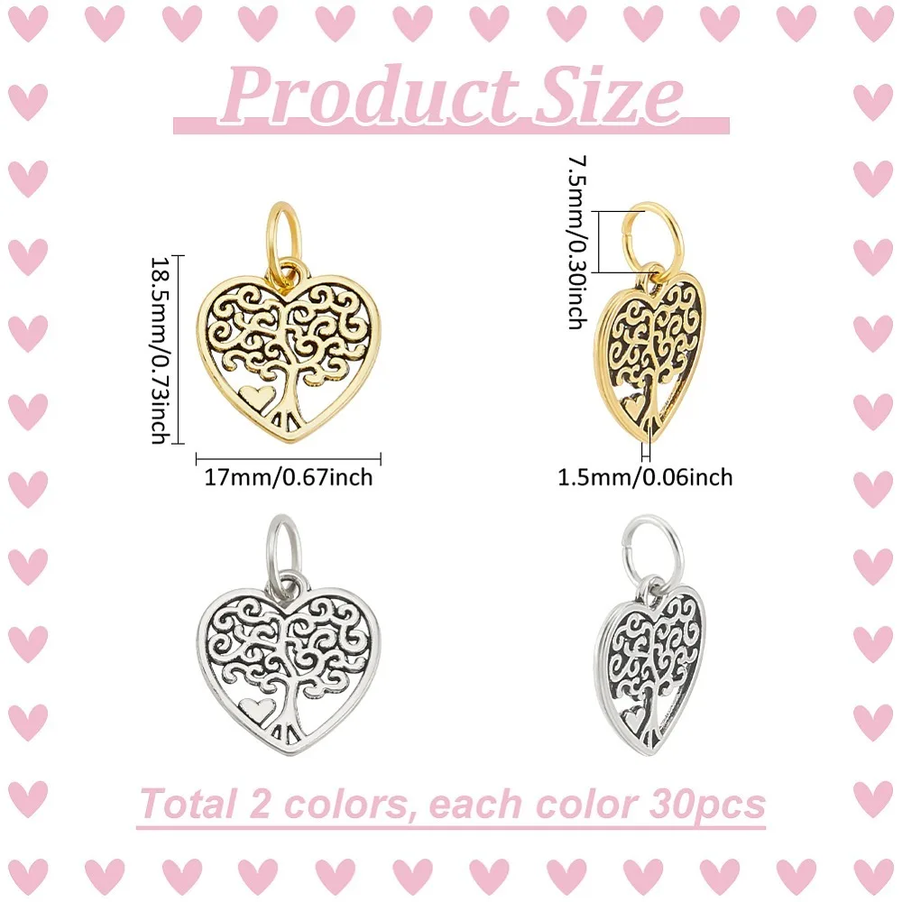 

60Pcs 2 Colors Style Alloy Pendants Hollow Heart with Tree Silver Golden 18.5x17x1.5mm Hole: 7.5mm 30pcs/color