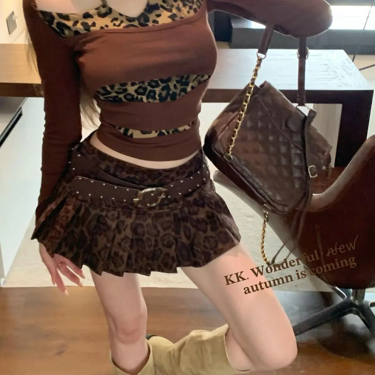 Autunno Nuovo 2025 Gonna a vita alta con stampa leopardata retrò Gonna corta da donna a pieghe Spice Girl