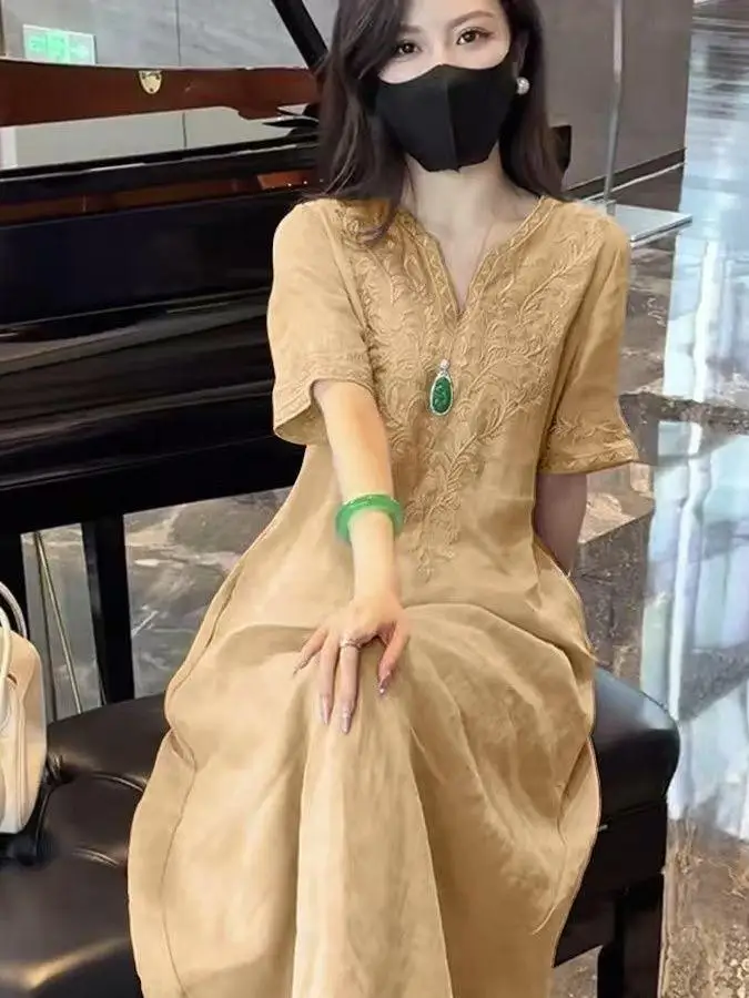 Falda de Verano para Mujer, Estilo Informal, de Cáñamo, con Bordado de Lujo, Elegante, de Alta Gama, de Algodón, Estilo Casual