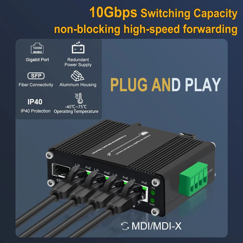 جيجابت صناعي 4 منافذ PoE محول إيثرنت PoE + مفتاح ألياف مع فتحة SFP التكيفية 100/1000 متر Din Rail IEEE802.3af/at 30W #5