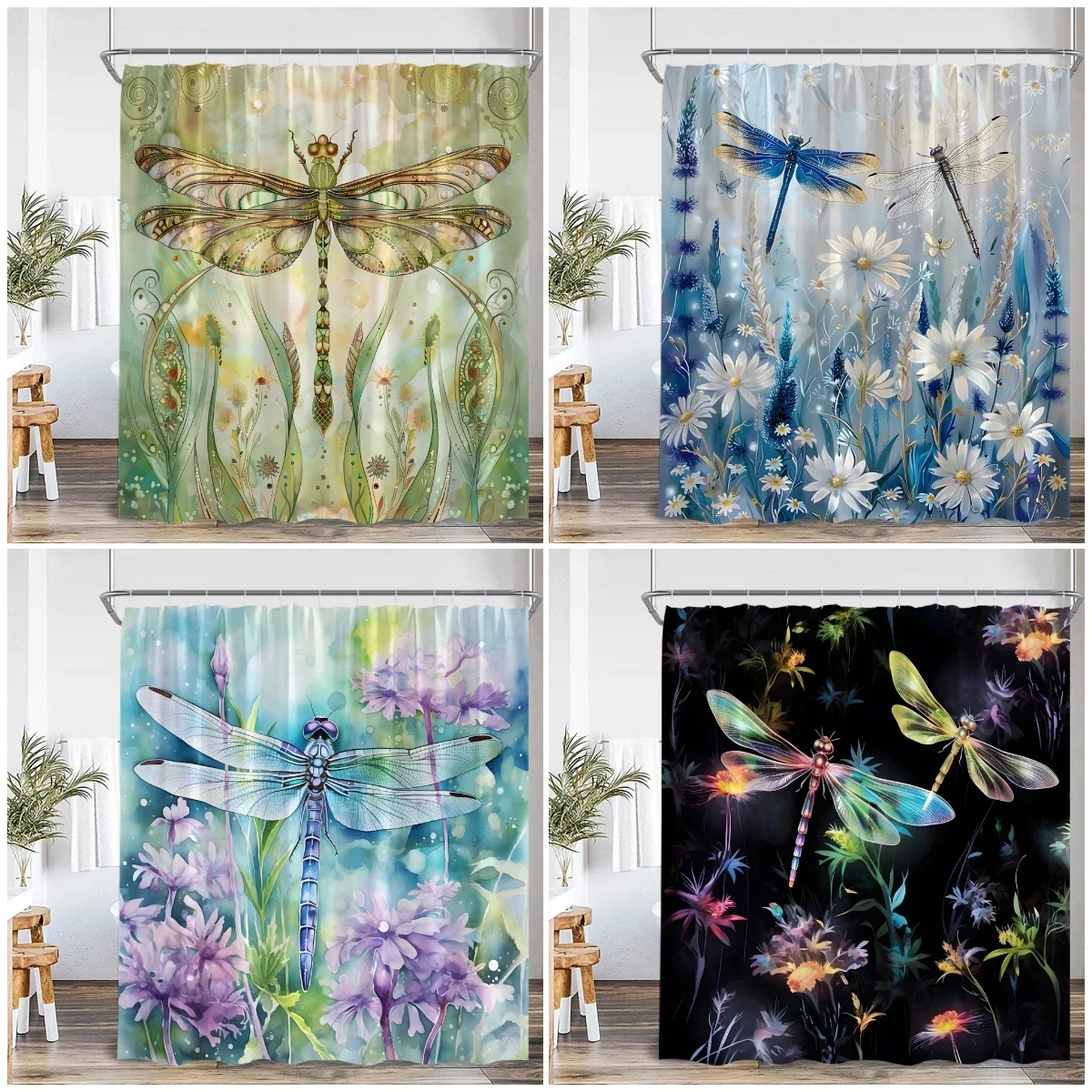 Vintage Dragonfly Shower Curtain Insect Plant Purple Flower Wistera Daisy Bathroom Decor Polyester Bathtub Curtain with Hooks
