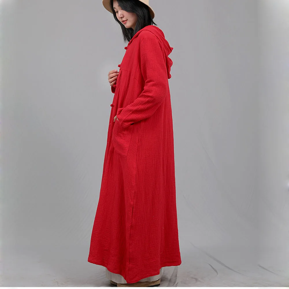 Manteau Long en Coton et Lin de Style Ethnique pour Femme, Robe d'Extérieur, Cardigan, Grande Taille avec Chapeau, Cape, Collection Automne