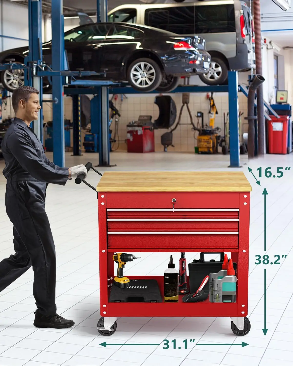 Carro de herramientas rodante, carro de servicio de utilidad resistente de 3 cajones con ruedas y sistema bloqueado, banco de trabajo, gabinete de herramientas para