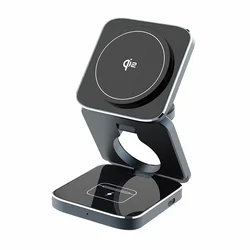 Qi2 Aluminum Alloy 3-in-1 Magnetic Wireless Charger, Foldable Stand for iPhone 16, 15, 14 Pro Max, AirPods, iWatch Fast Charger