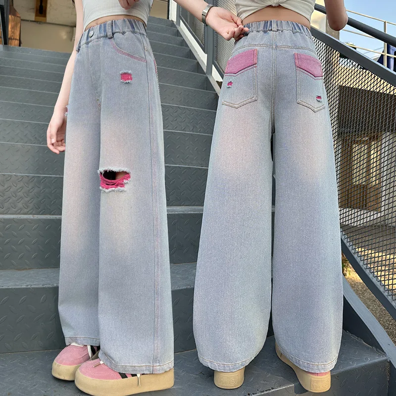 verao-meninas-cintura-elastica-legal-rasgado-jeans-criancas-lavado-calcas-jeans-tween-crianca-perna-larga-quebrado-denim-jean-calcas-idade-5-14-y