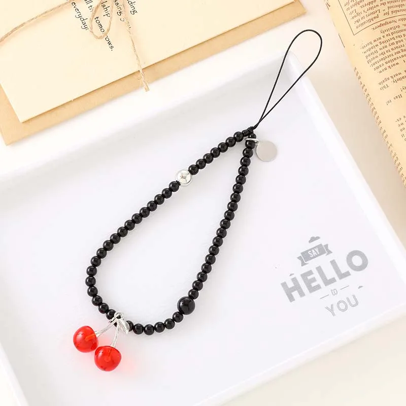 New Red Cherry Pendant Wrist Strap Phone Case Rope Fashion Red Agate Purple Jade Crystal Beaded Phone Chain Jewelry Lanyard