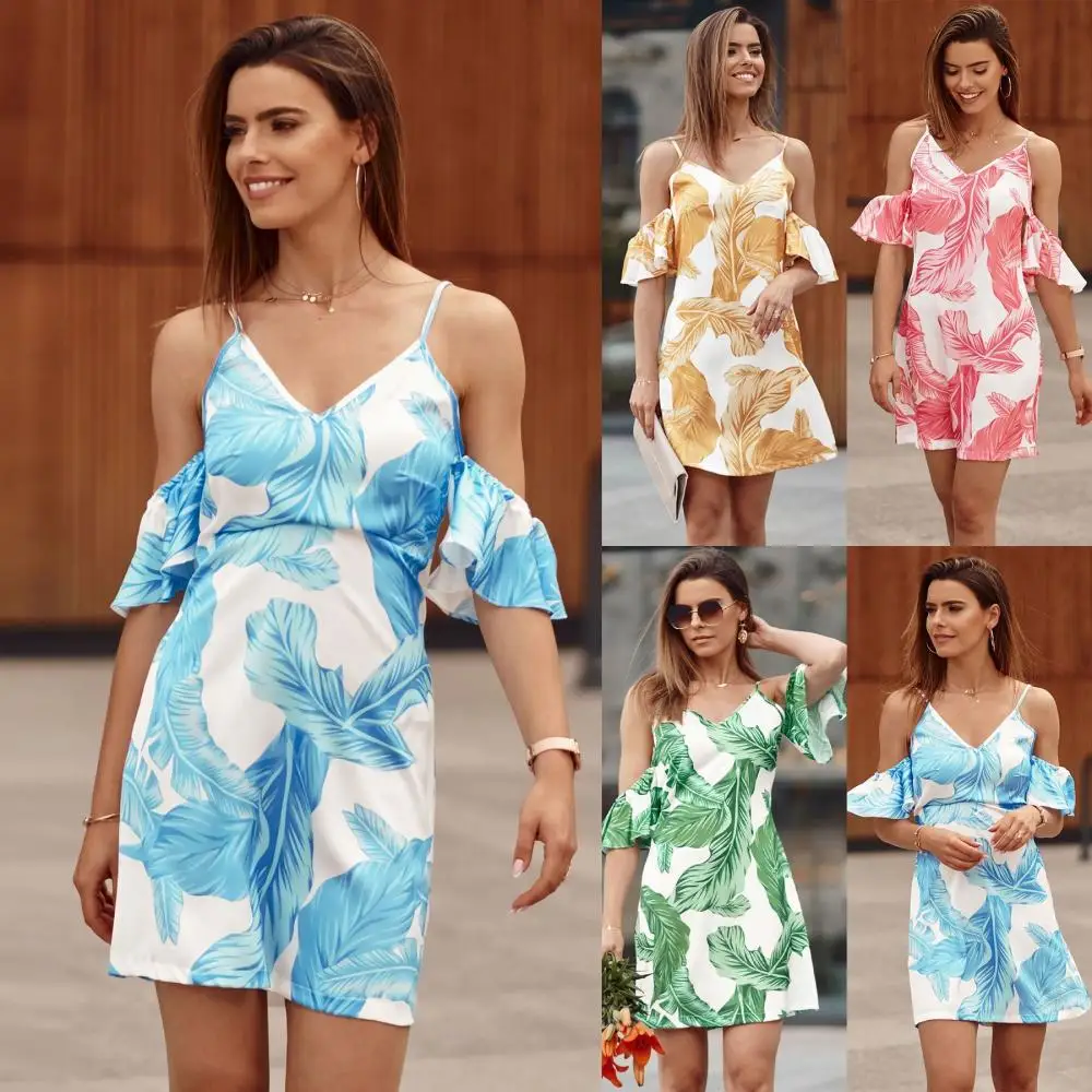 

Summer Women New Sexy Print Sling Dress Elegant Off Shoulder V Neck Ruffle Sleeve Sling Casual Hollow Chiffon Holiday Slim Dress