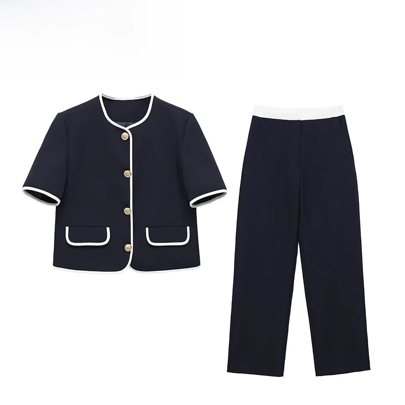 Fashionable Knitted Open Cardigan High Waist Straight Leg Pants Color Block Spring New Arrival Women's Ensemble Polyester Fiber