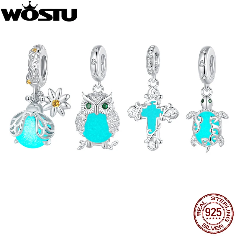 WOSTU 925 Sterling Silver Luminous Owl Charms Cross Pendant Firefly Glow in the dark Turtle Beads Fit DIY Bracelet Necklace Gift