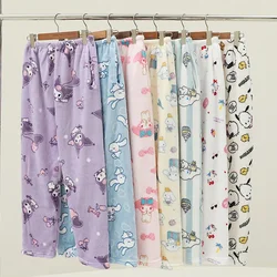 Sanrio Cute Flannel Pants for Women New Hello Kitty Kuromi Cinnamoroll Plush Trousers Girls Winter Warm Home Britches Adult Gift