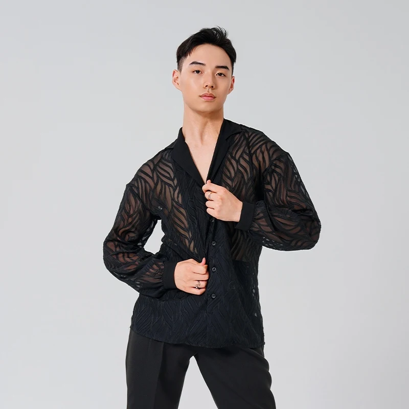 

Mens Tops Latin Ballroom Waltz Modern Dance Competition Clothes Male Black V-Neck Jacquard chiffon Shirts Stage Wear XH1192