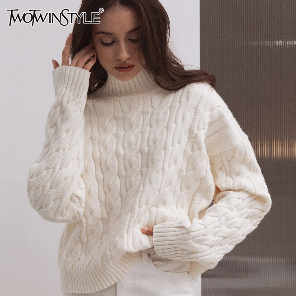

TWOTWINSTYLE Winter Solid Basics Sweater for Women Turtleneck Long Sleeve Loose Style Cable Knit Sweaters Female Clothing New