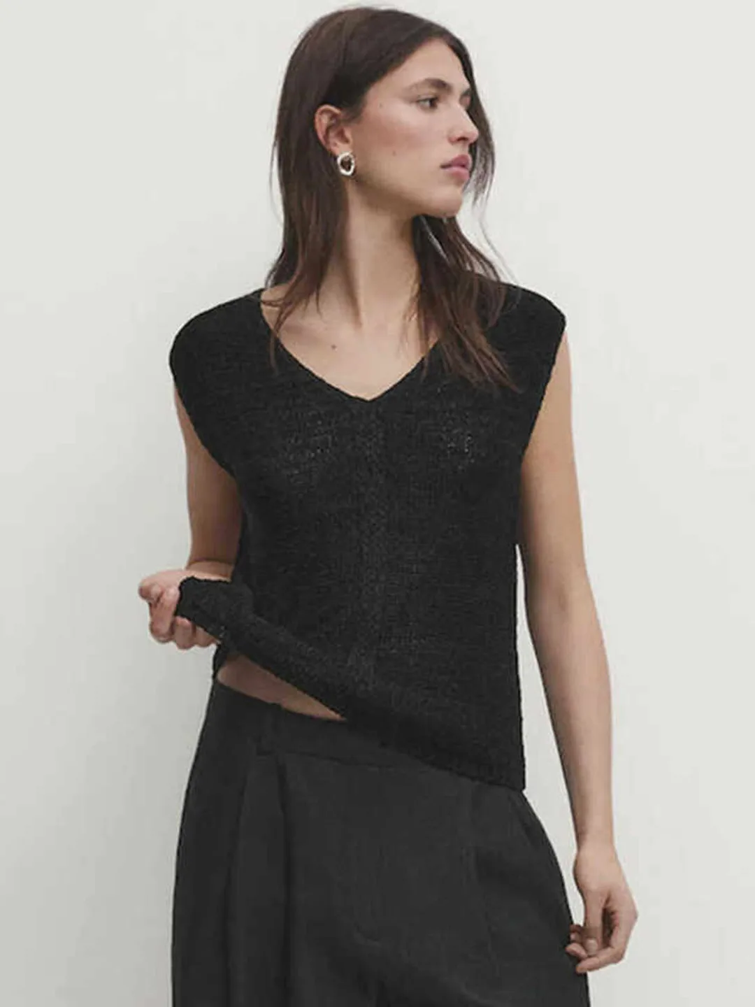 

MD Women's Faion V-Ne Svel Knitted Vest T-irt Commute Sle Loose Fit Summer New Arrival Layering Top Bla