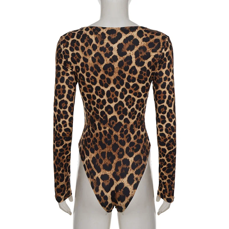 2026 New Leopard Print Long-sleeved Onesie Spice Girl Slim V-neck Waist Playsuit Jumpsuit Women