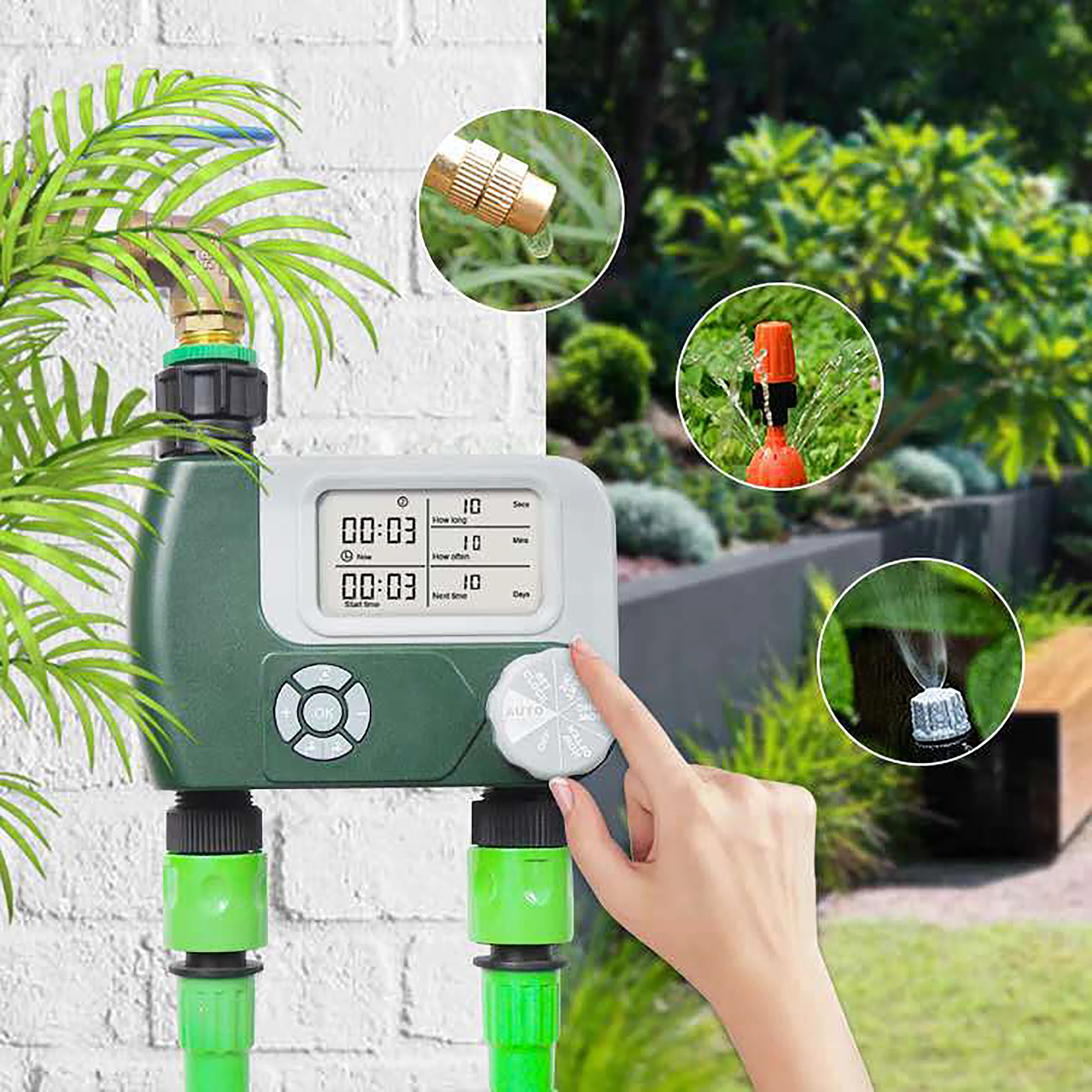 

Programmable Digital Hose Faucet Timer Battery Operated Automatic Watering Sprinkler System Irrigation Controller with Two Outle