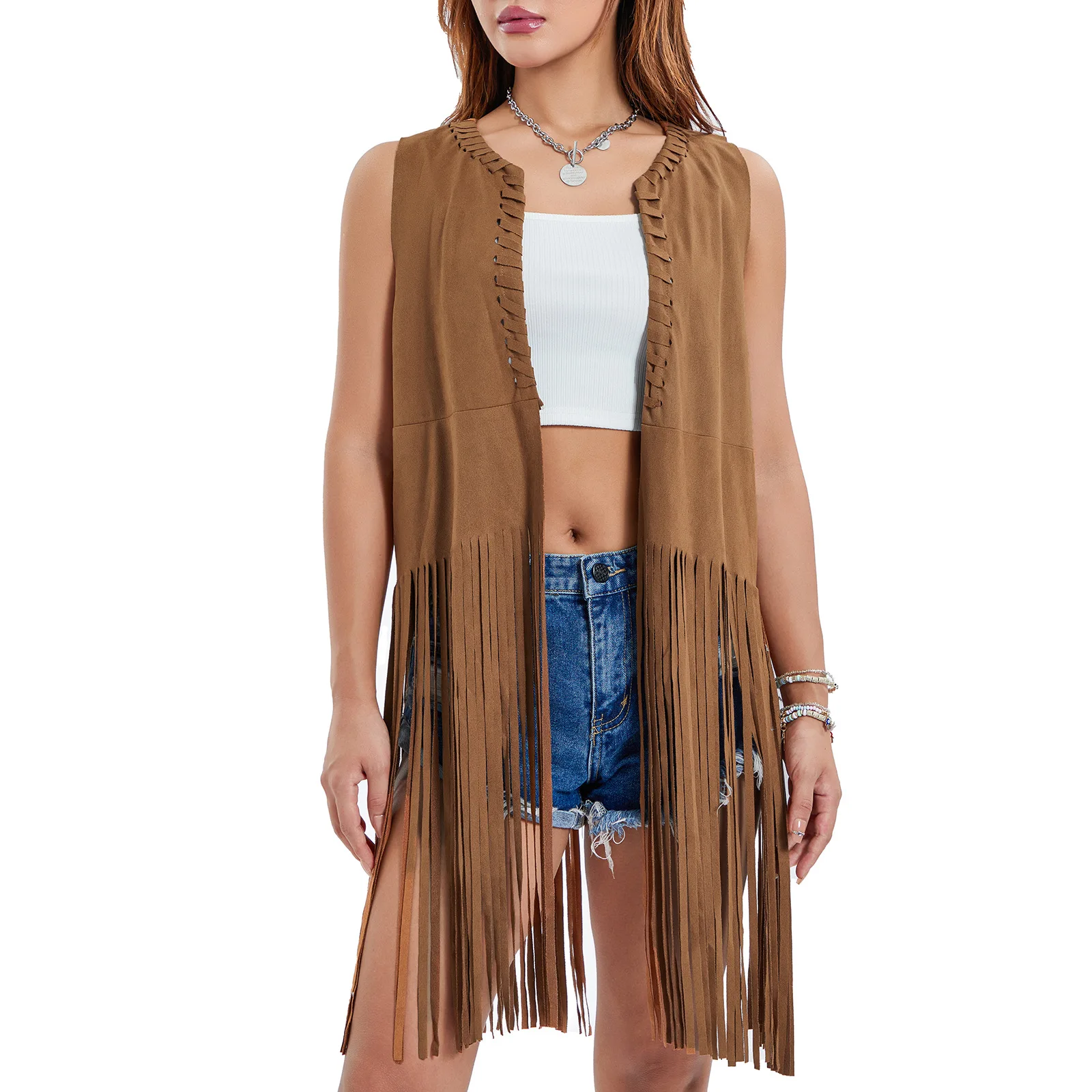 Women's Faux Suede Fringe Long Vest 70s Hippie Costume Coat Open Front Sleeveless Cowboy Style Jackets Waistcoat Outerwear