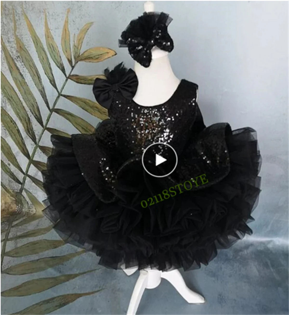 Black Sequin Flower Girl Dress Luxury Birthday Outfit Baby Girl Party Costume Infant Frock with headbow