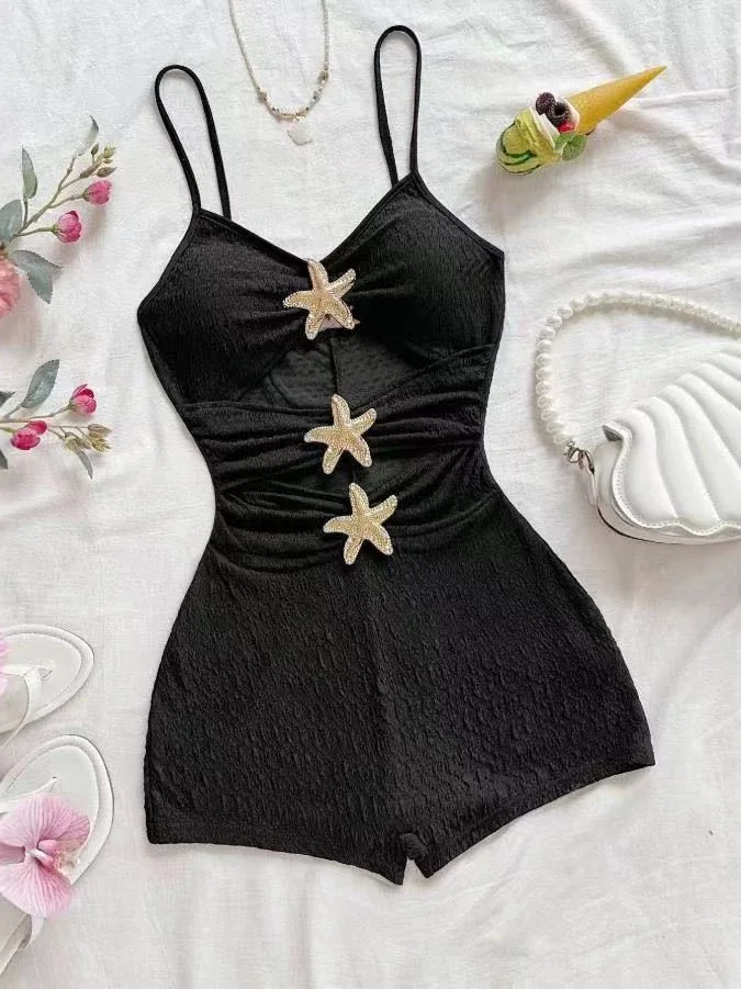 Women's Pleated Sling Hollow Waist Holiday Swimsuit Short Pants Polyester Fabric Thin Design Chinese Manufacturer
