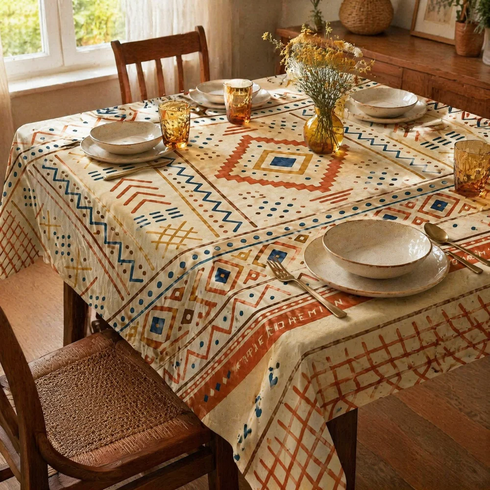 Boho Ethnic Geometric Diamond Zigzag Print Rectangle Tablecloth Cream Base Tribal Pattern Farmhouse Dining Table Cover