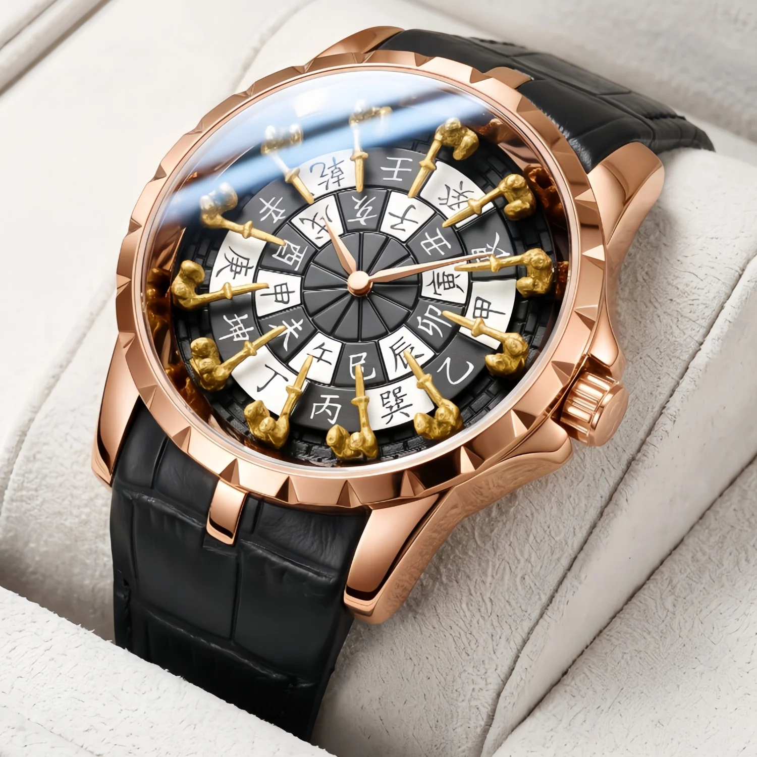 Three dimensional gold Ruyi relief watch with Chinese twelve branch dial, retro Oriental quartz watch, birthday gift