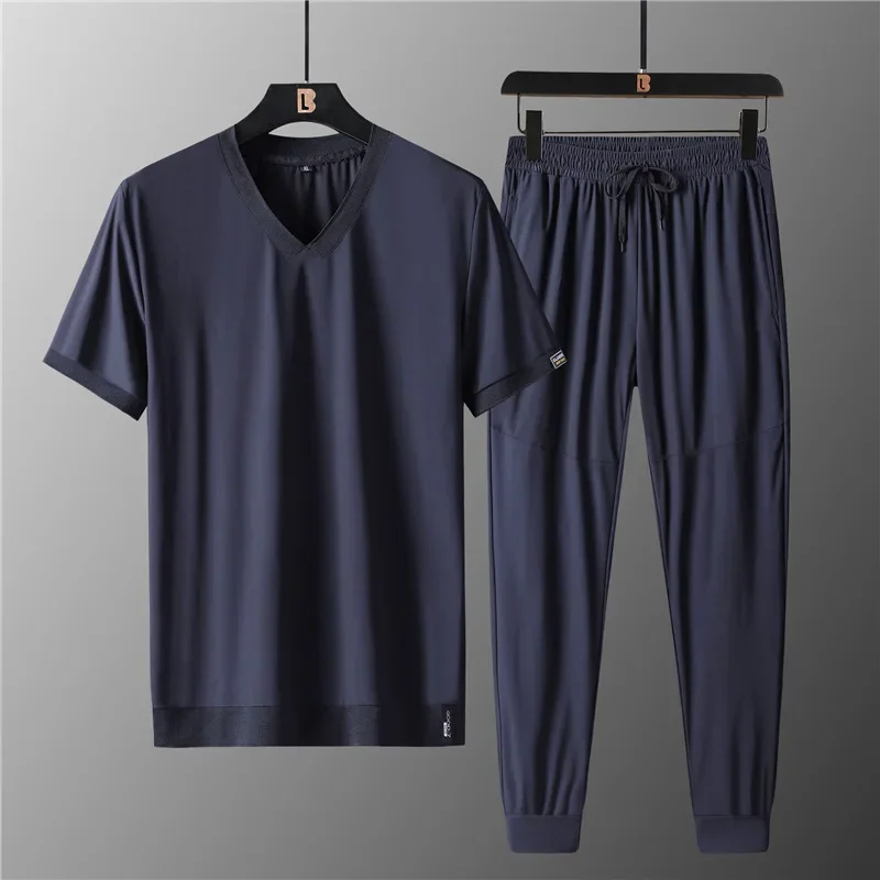 Men Sports Suits 2024 New Summer High Quality Ice Silk V-neck Short-sleeved T-shirt Sets Men\'s Quick-drying Thin Men Clothes